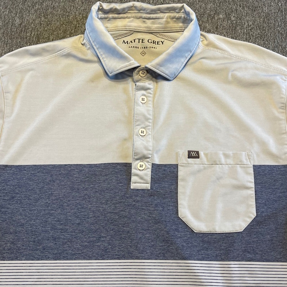 Matte Grey Men's Large Polo Shirt Striped‎ Golf Casual Short Sleeve